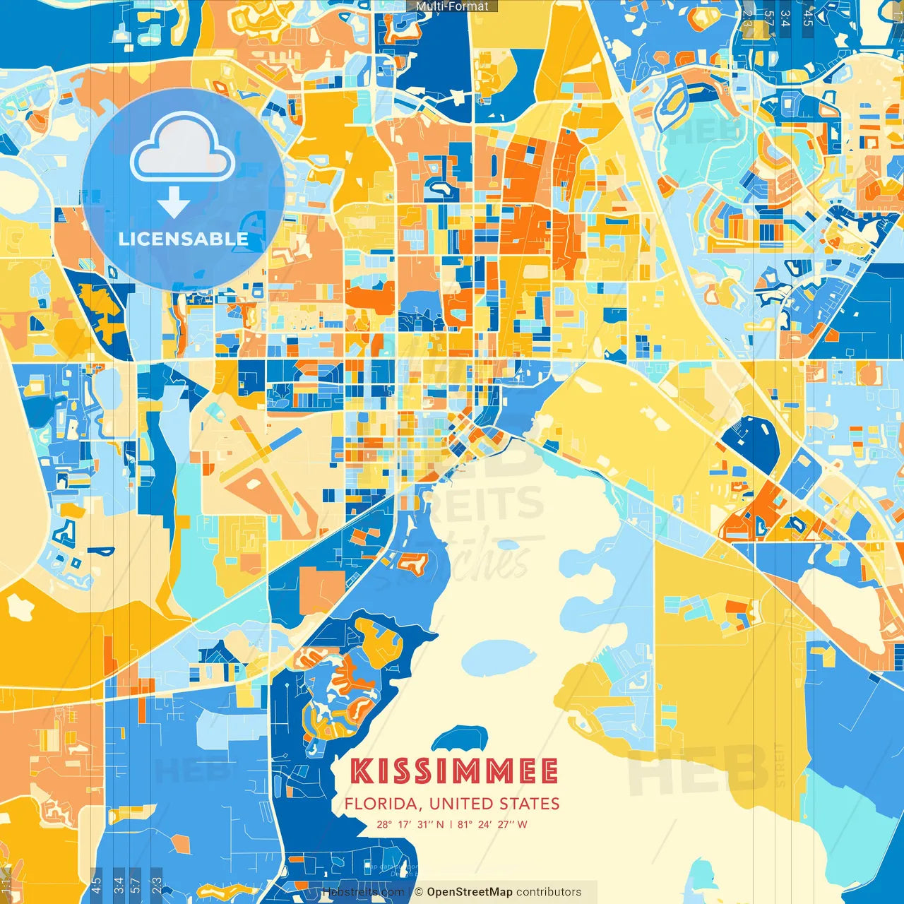 Kissimmee, Florida, United States blue and orange vector art map template