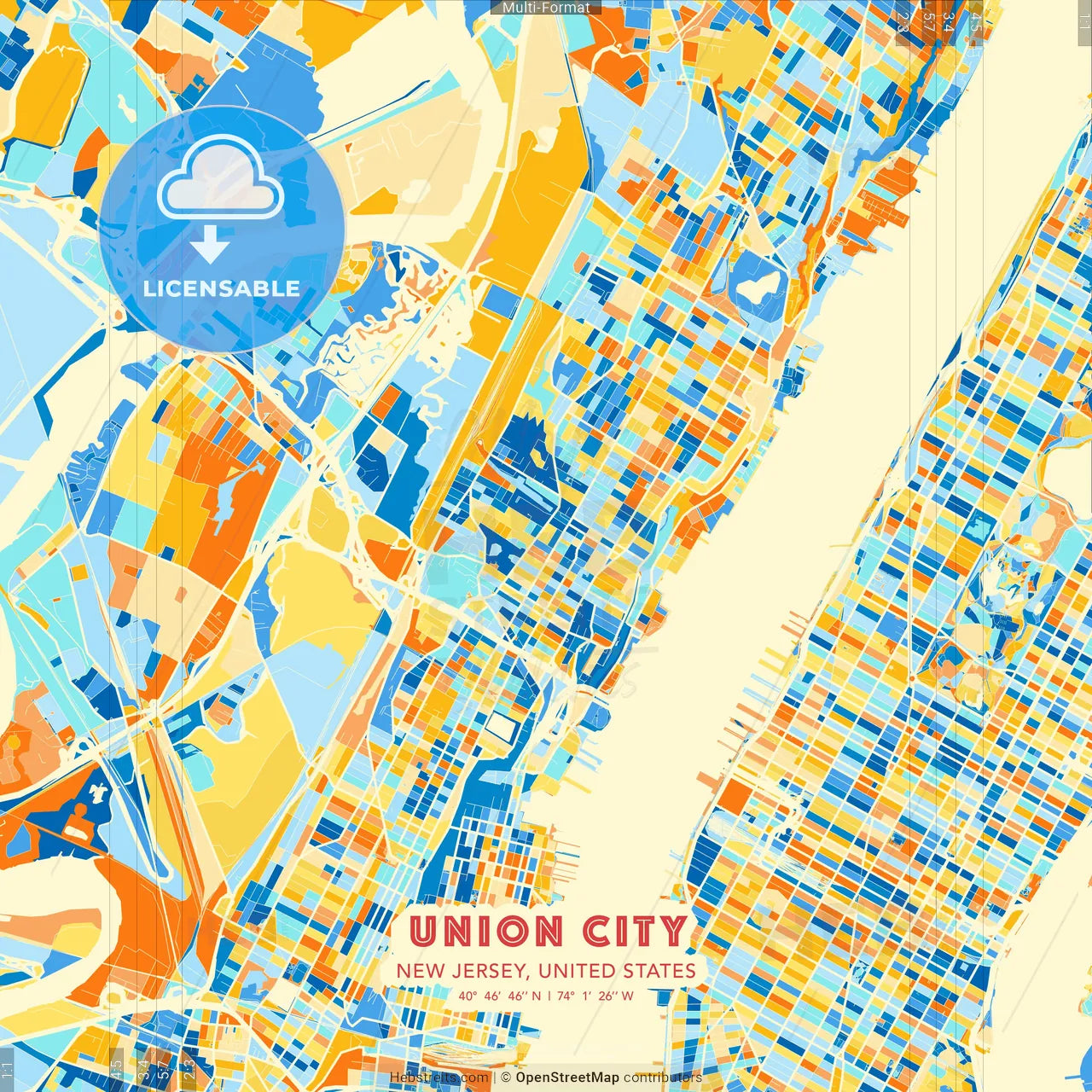 Union City, New Jersey, United States blue and orange vector art map template