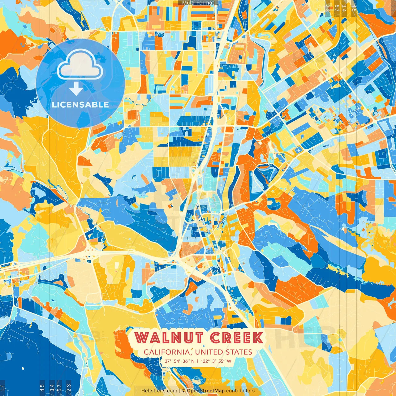 Walnut Creek, California, United States blue and orange vector art map template