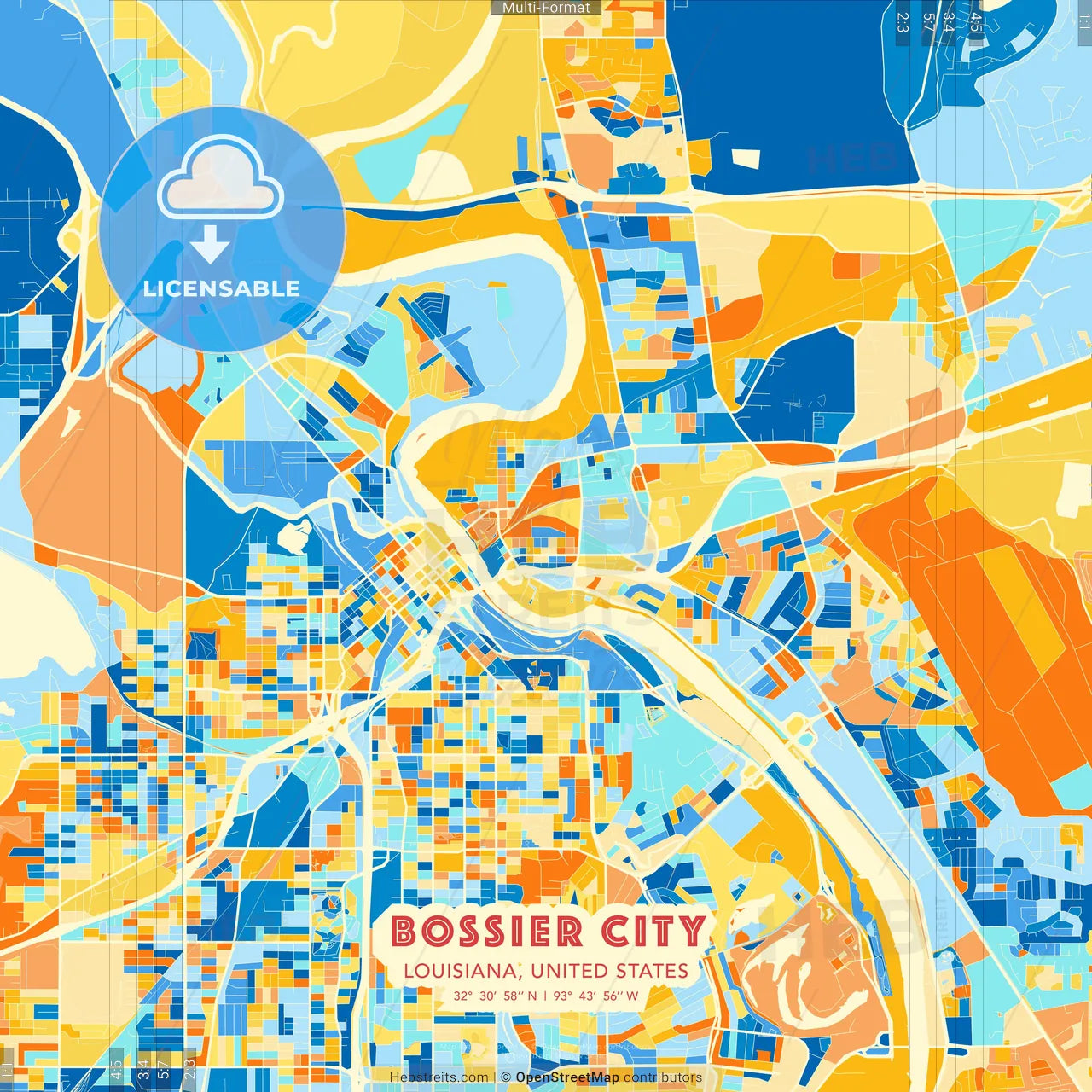 Bossier City, Louisiana, United States blue and orange vector art map template