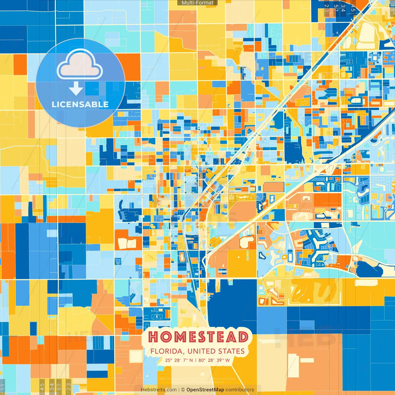 Homestead, Florida, United States blue and orange vector art map template