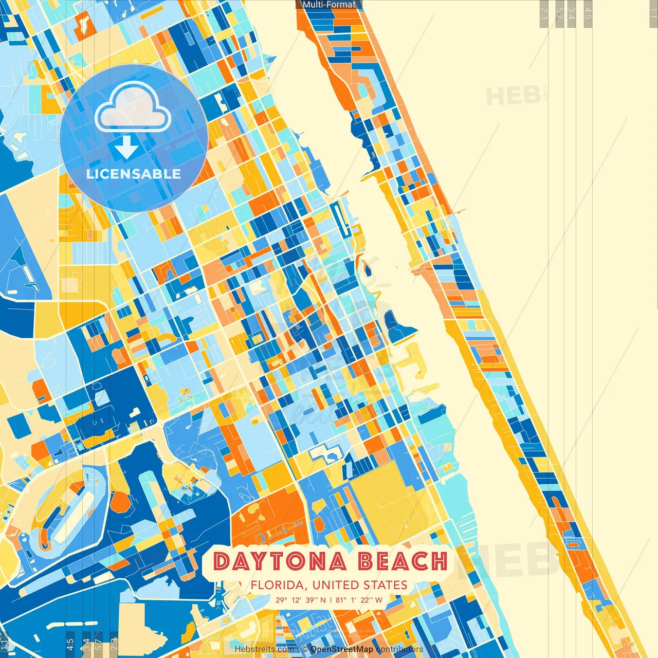 Daytona Beach, Florida, United States blue and orange vector art map template