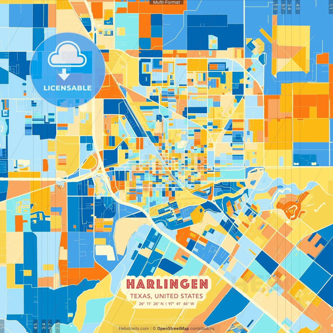 Harlingen, Texas, United States blue and orange vector art map template