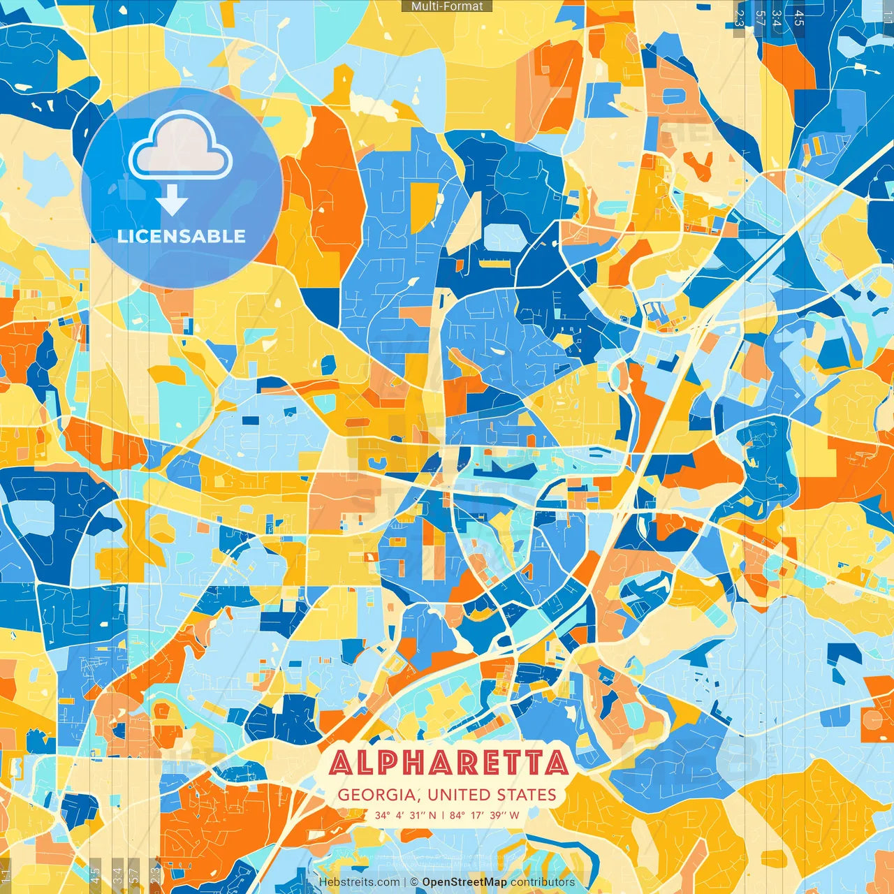 Alpharetta, Georgia, United States blue and orange vector art map template