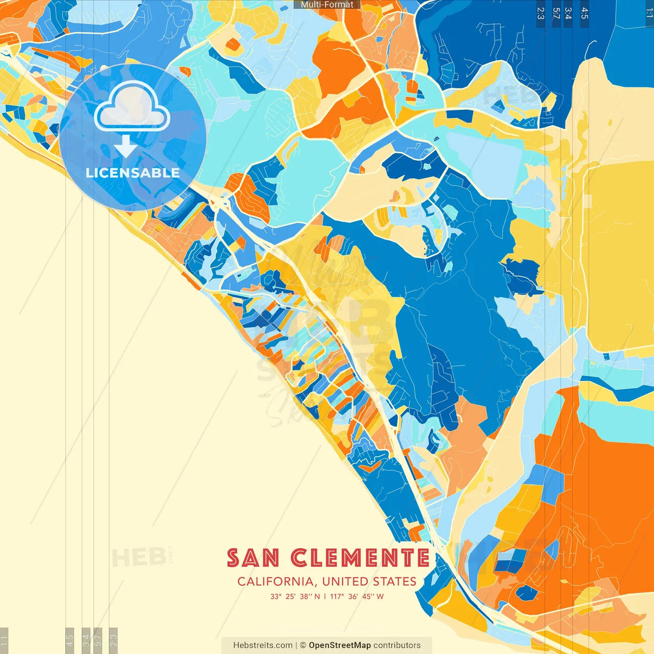 San Clemente, California, United States blue and orange vector art map template