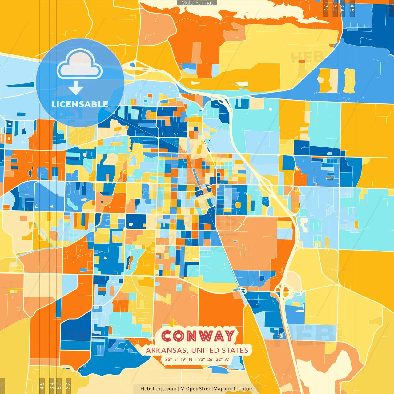 Conway, Arkansas, United States blue and orange vector art map template