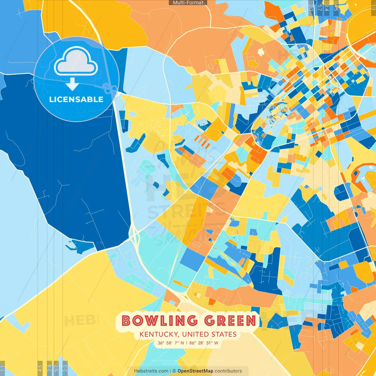 Bowling Green, Kentucky, United States blue and orange vector art map template