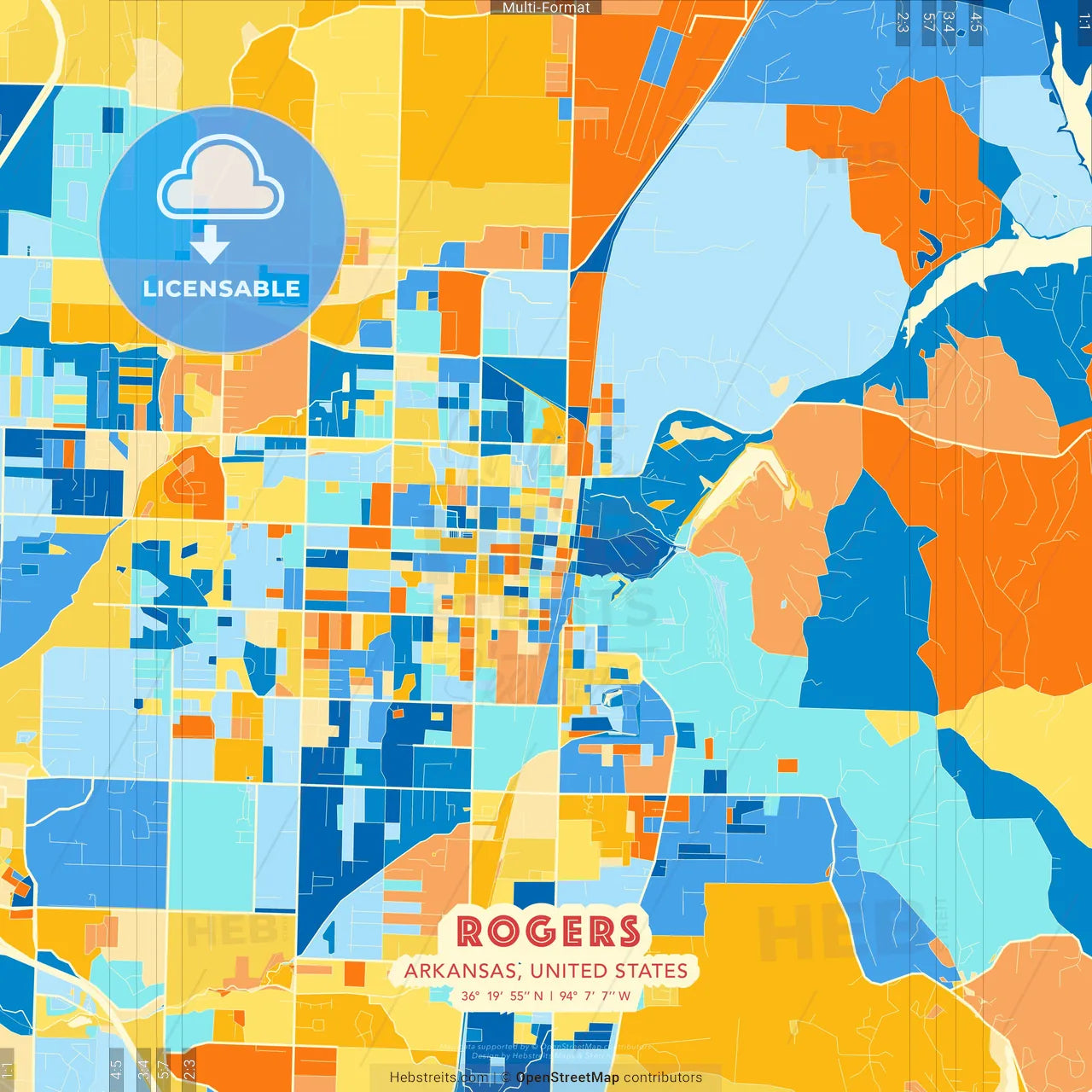Rogers, Arkansas, United States blue and orange vector art map template