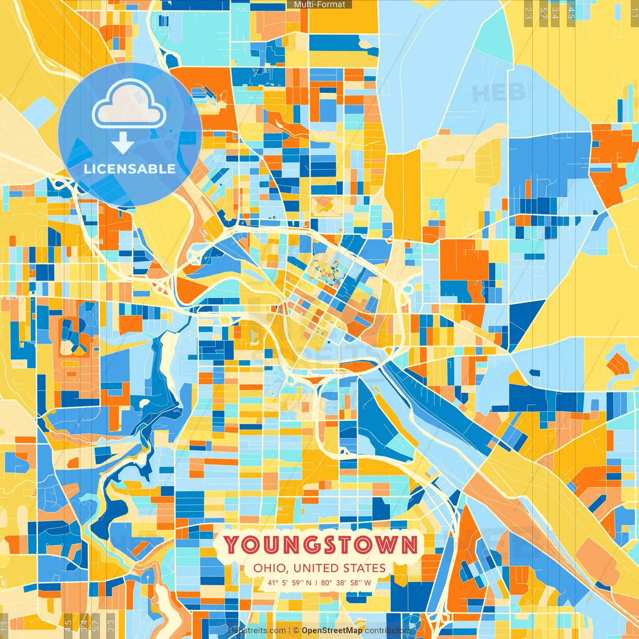 Youngstown, Ohio, United States blue and orange vector art map template