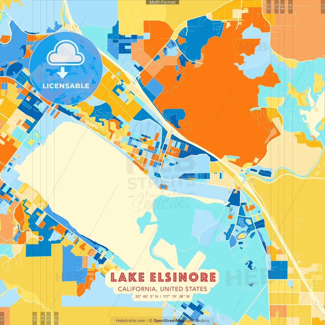 Lake Elsinore, California, United States blue and orange vector art map template