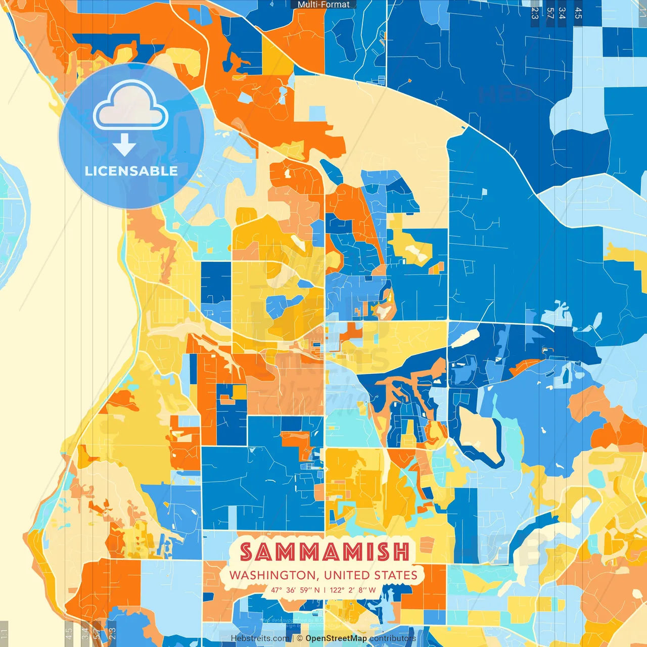 Sammamish, Washington, United States blue and orange vector art map template