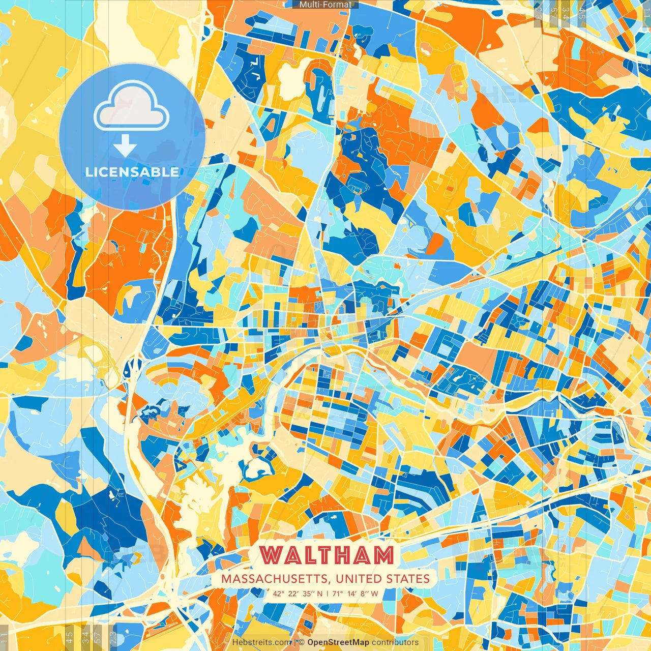 Waltham, Massachusetts, United States blue and orange vector art map template