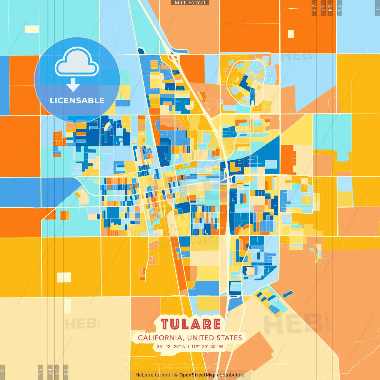 Tulare, California, United States blue and orange vector art map template