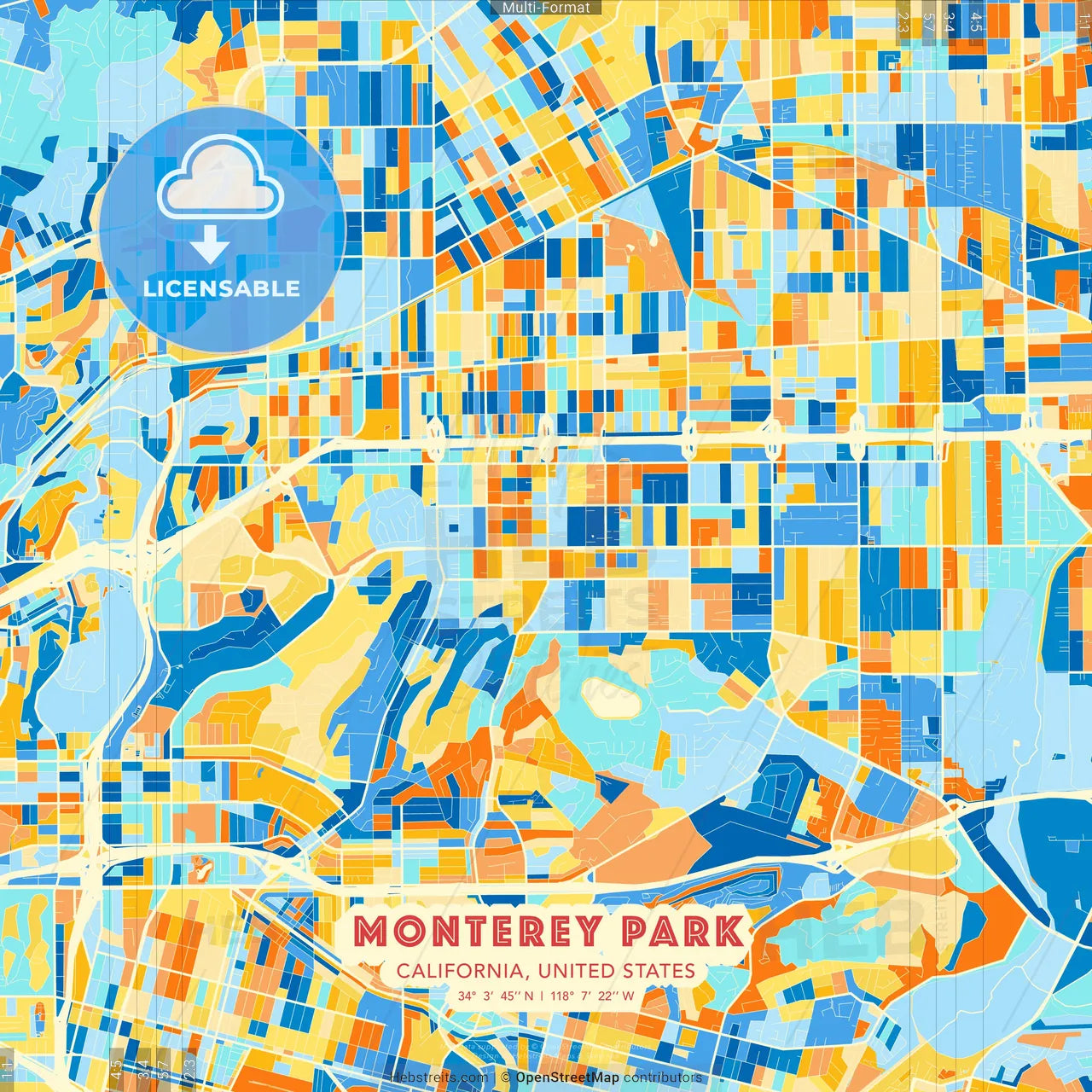 Monterey Park, California, United States blue and orange vector art map template