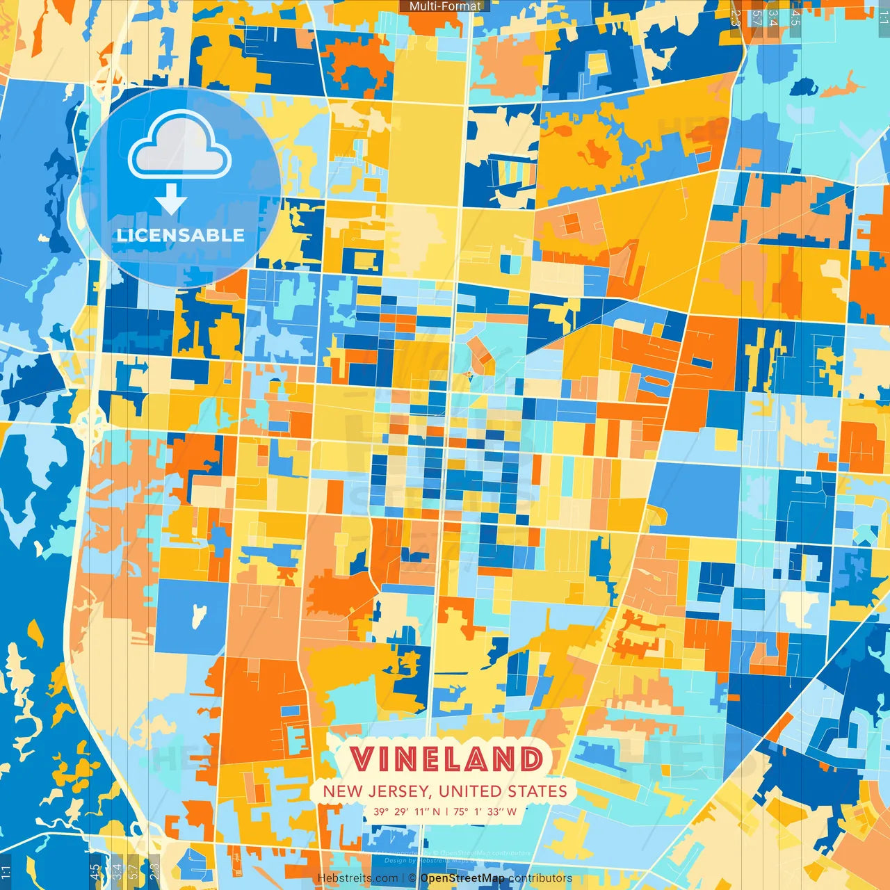 Vineland, New Jersey, United States blue and orange vector art map template