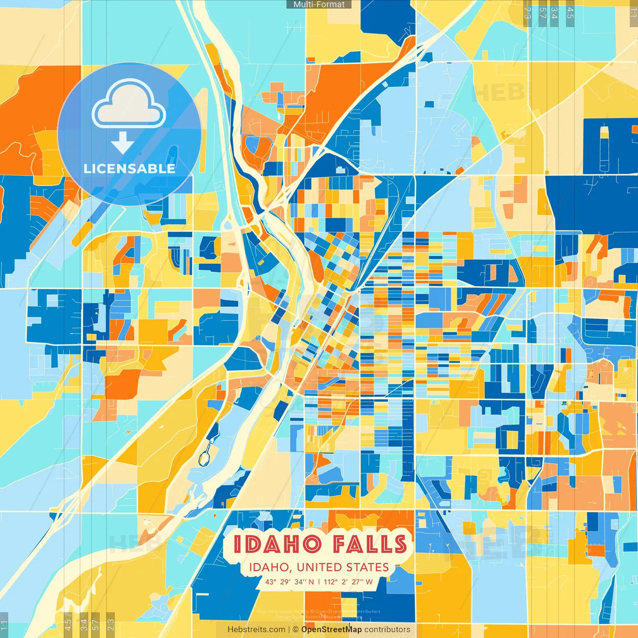 Idaho Falls, Idaho, United States blue and orange vector art map template