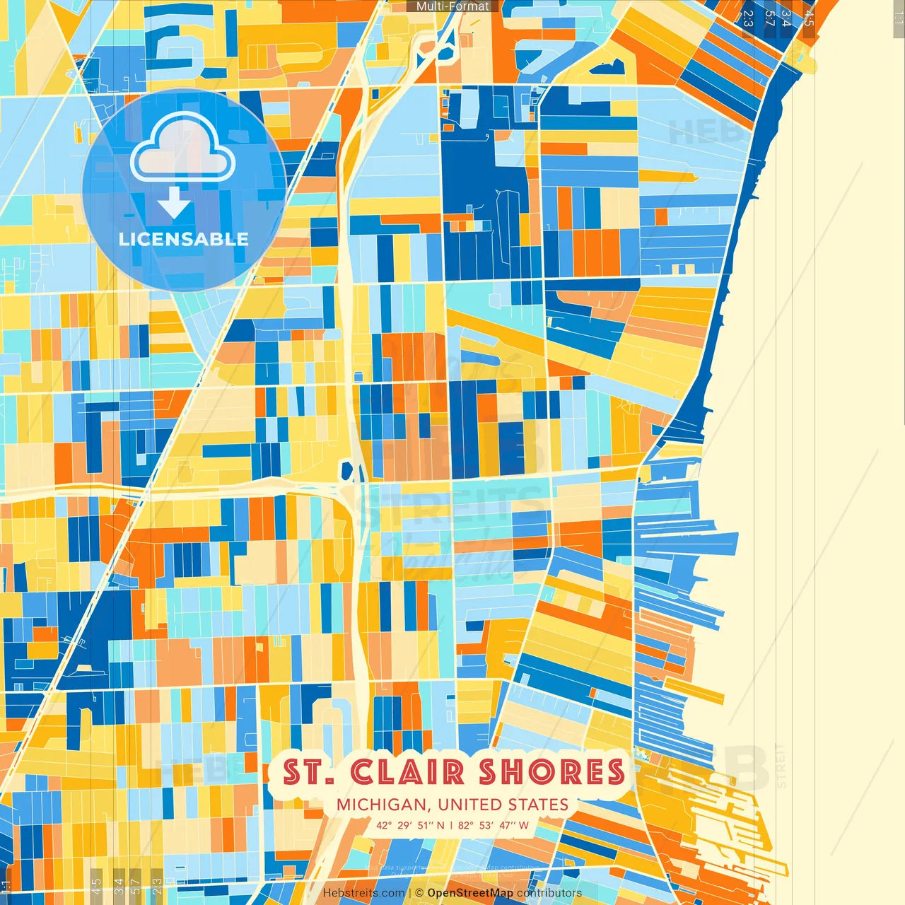 St. Clair Shores, Michigan, United States blue and orange vector art map template