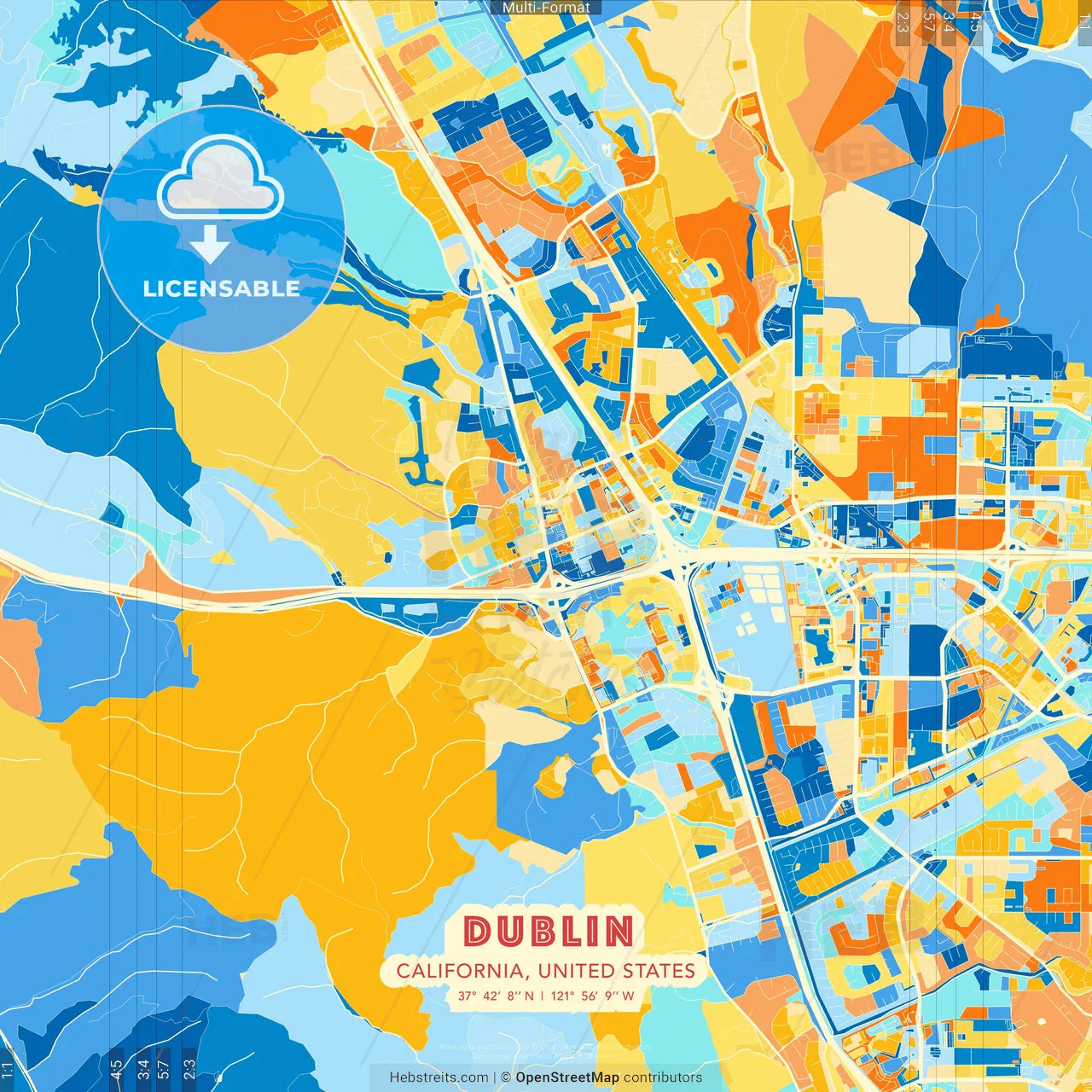Dublin, California, United States blue and orange vector art map template