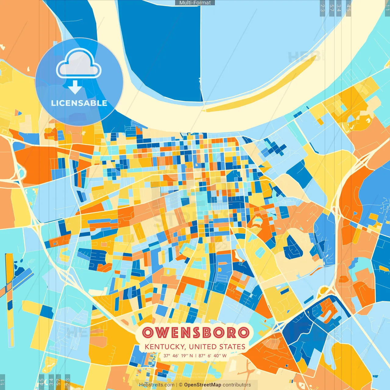 Owensboro, Kentucky, United States blue and orange vector art map template