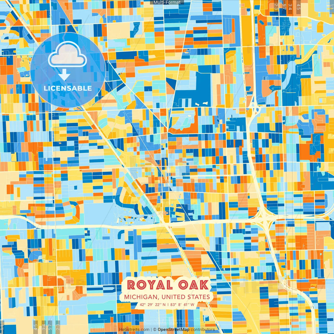 Royal Oak, Michigan, United States blue and orange vector art map template