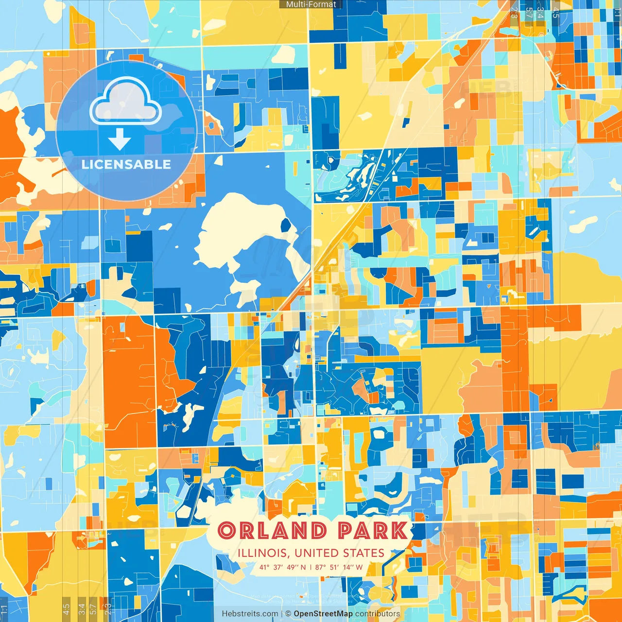 Orland Park, Illinois, United States blue and orange vector art map template
