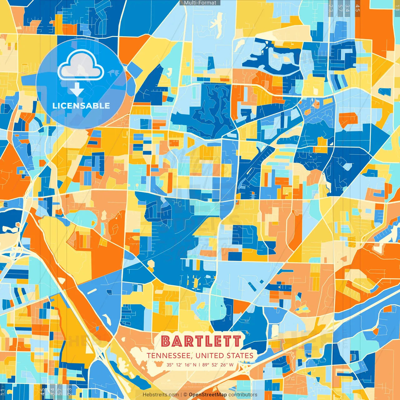 Bartlett, Tennessee, United States blue and orange vector art map template
