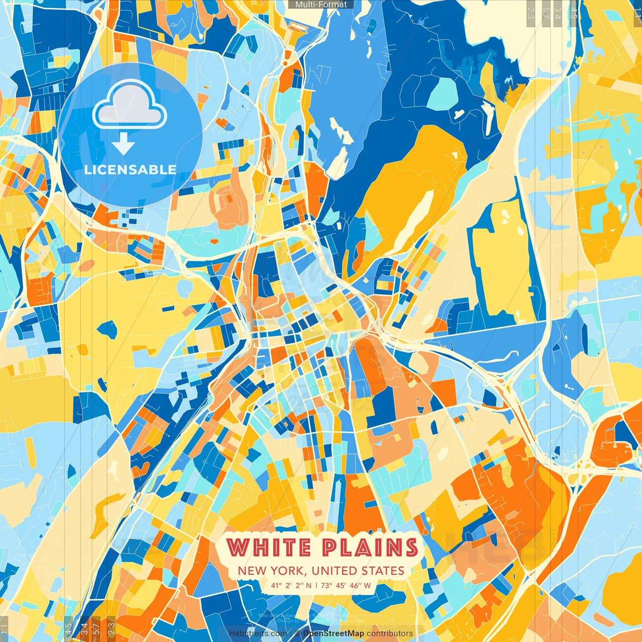 White Plains, New York, United States blue and orange vector art map template