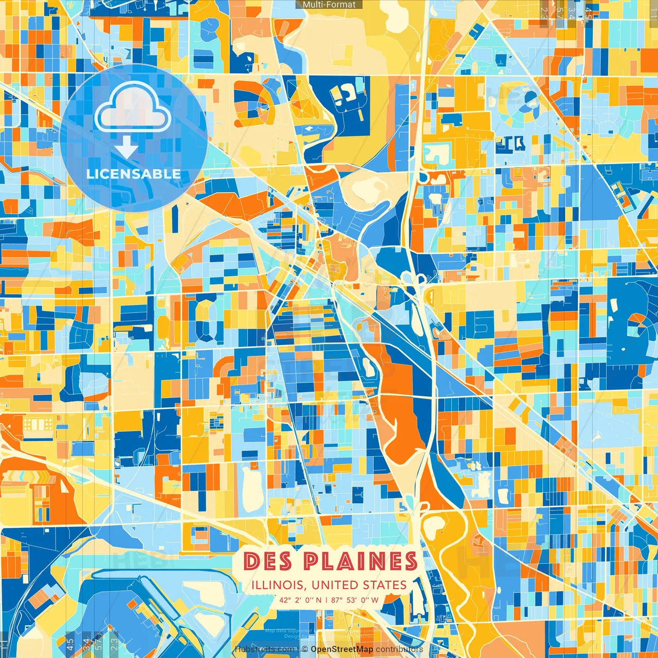 Des Plaines, Illinois, United States blue and orange vector art map template