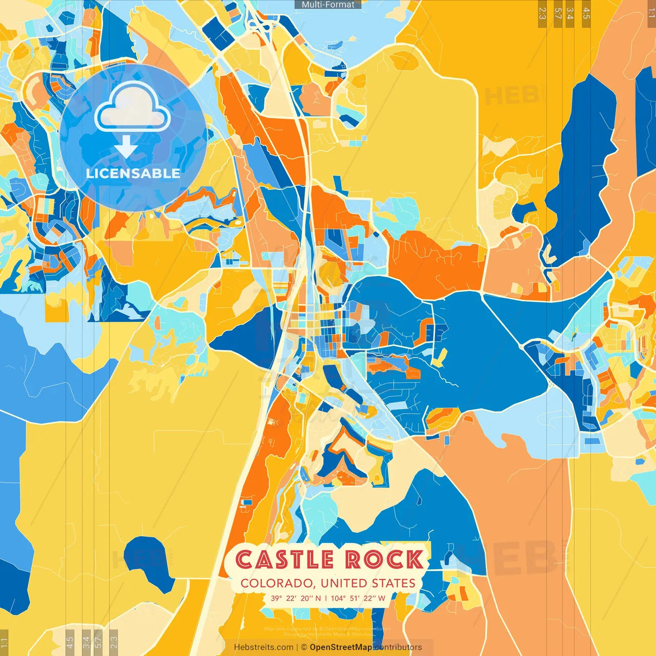 Castle Rock, Colorado, United States blue and orange vector art map template