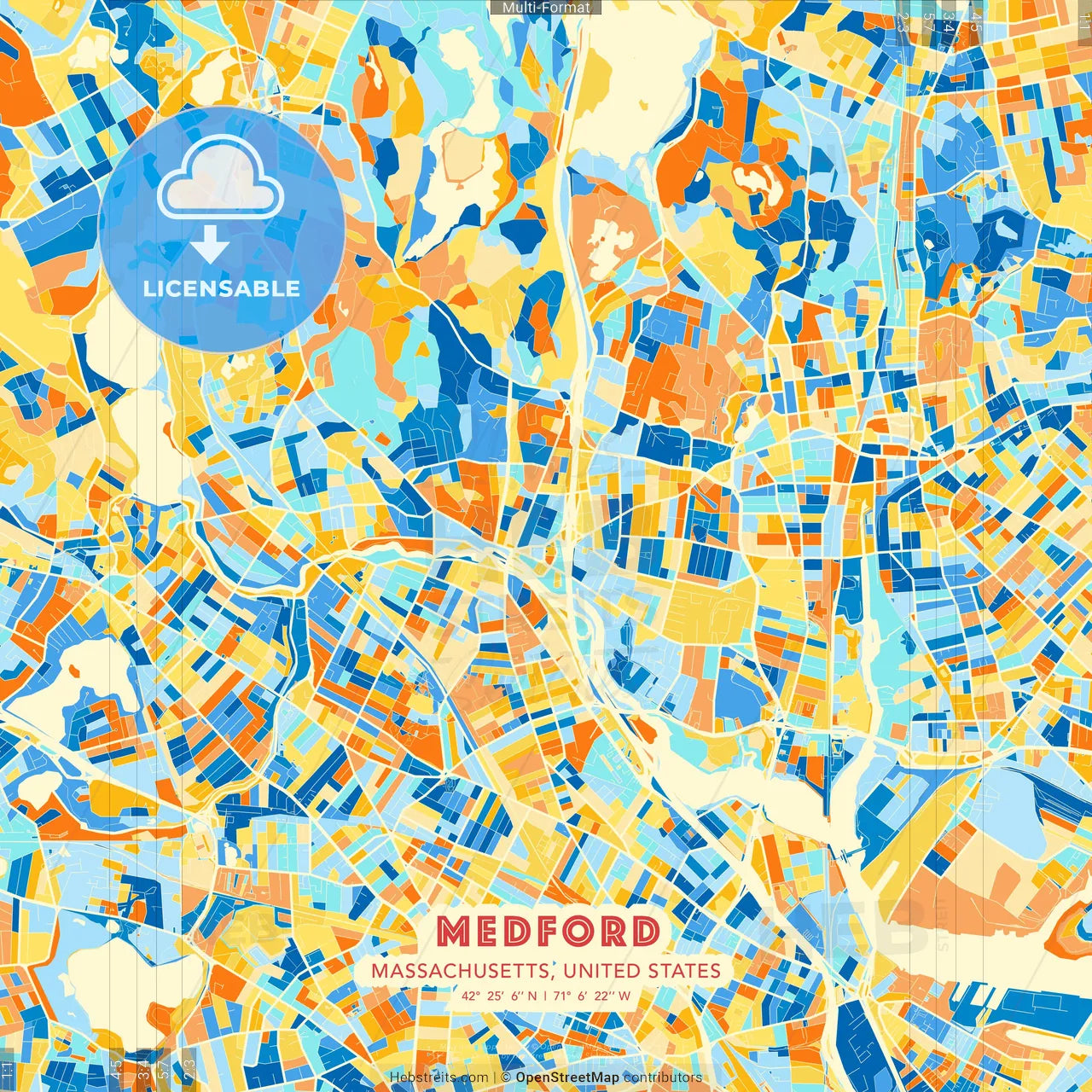 Medford, Massachusetts, United States blue and orange vector art map template