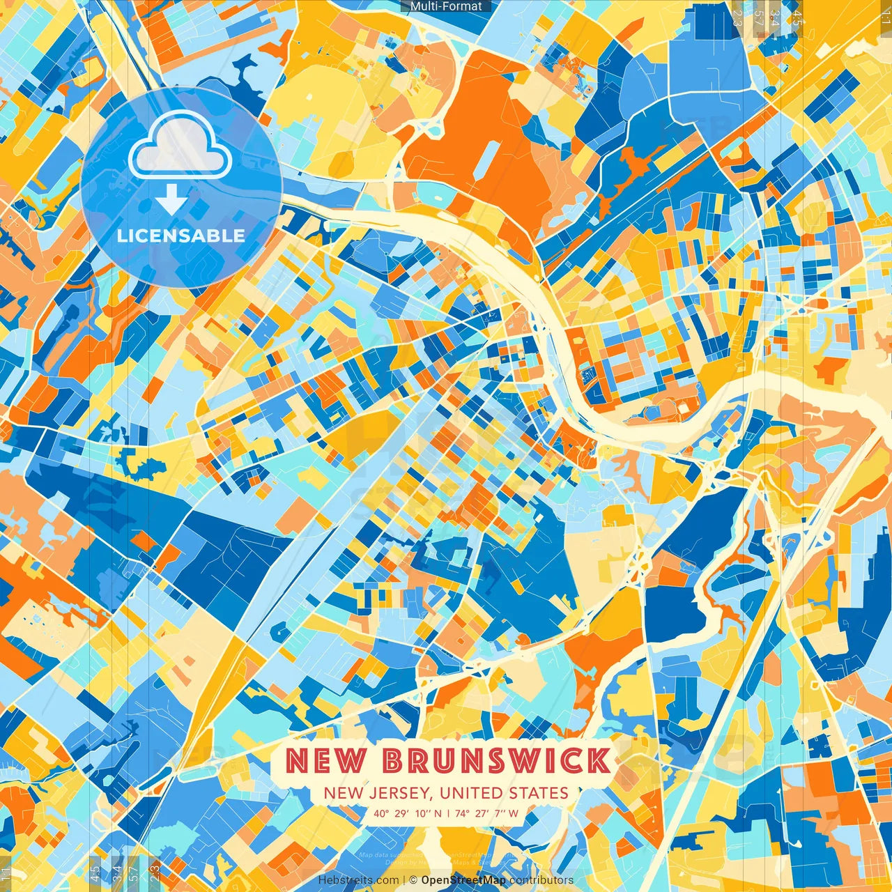 New Brunswick, New Jersey, United States blue and orange vector art map template