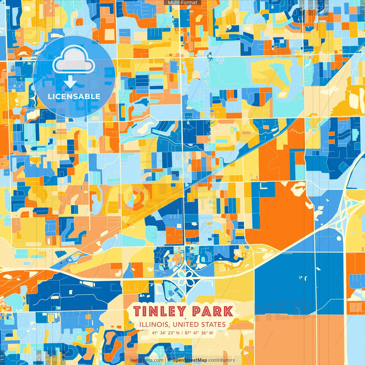 Tinley Park, Illinois, United States blue and orange vector art map template