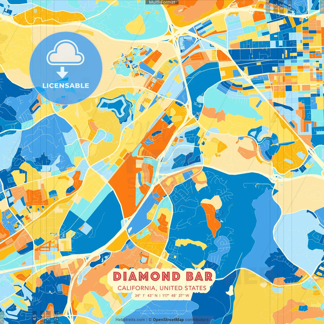 Diamond Bar, California, United States blue and orange vector art map template