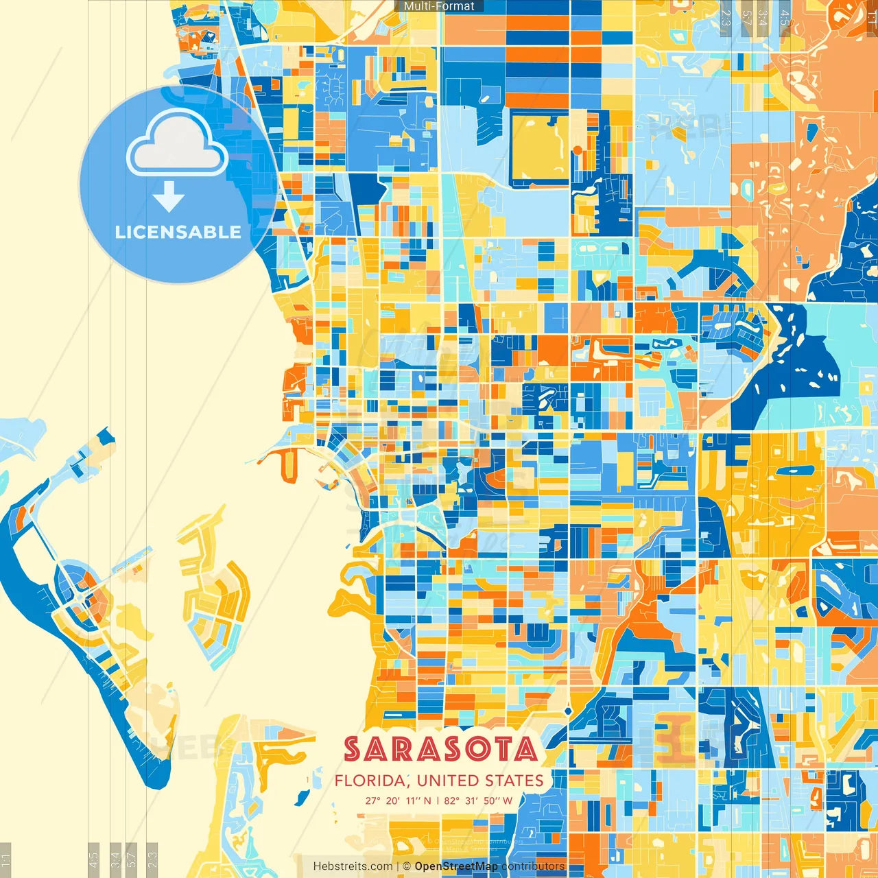 Sarasota, Florida, United States blue and orange vector art map template