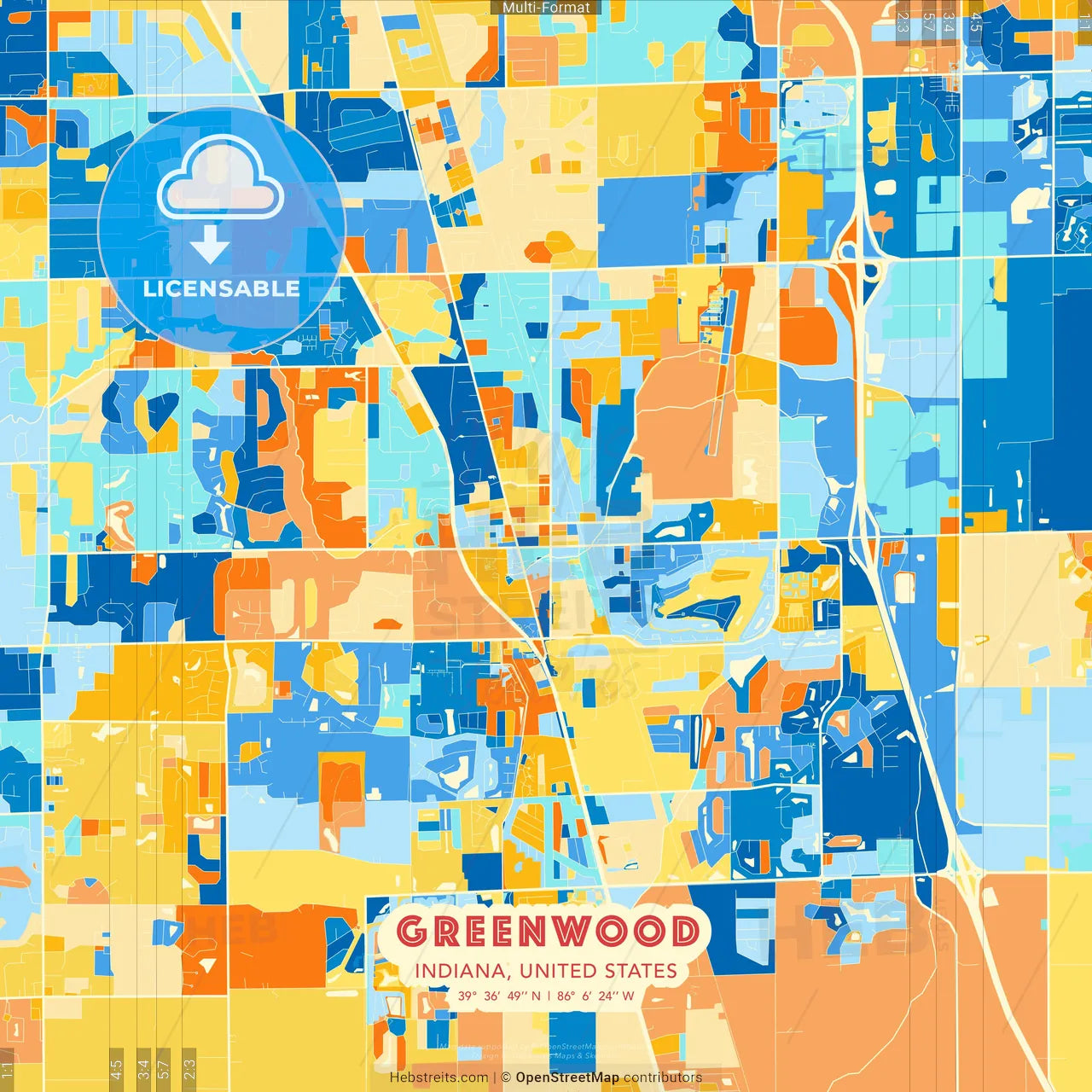 Greenwood, Indiana, United States blue and orange vector art map template