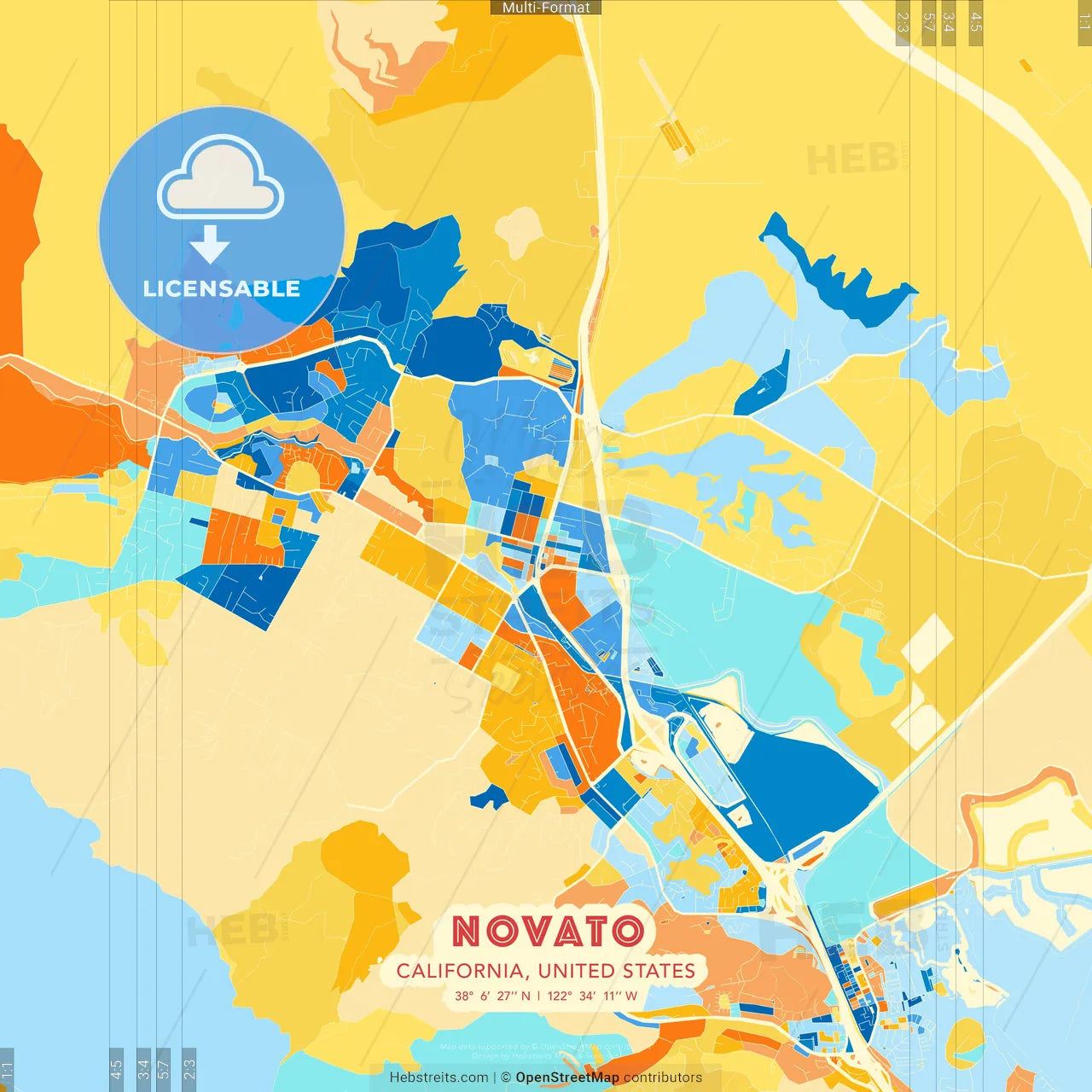 Novato, California, United States blue and orange vector art map template