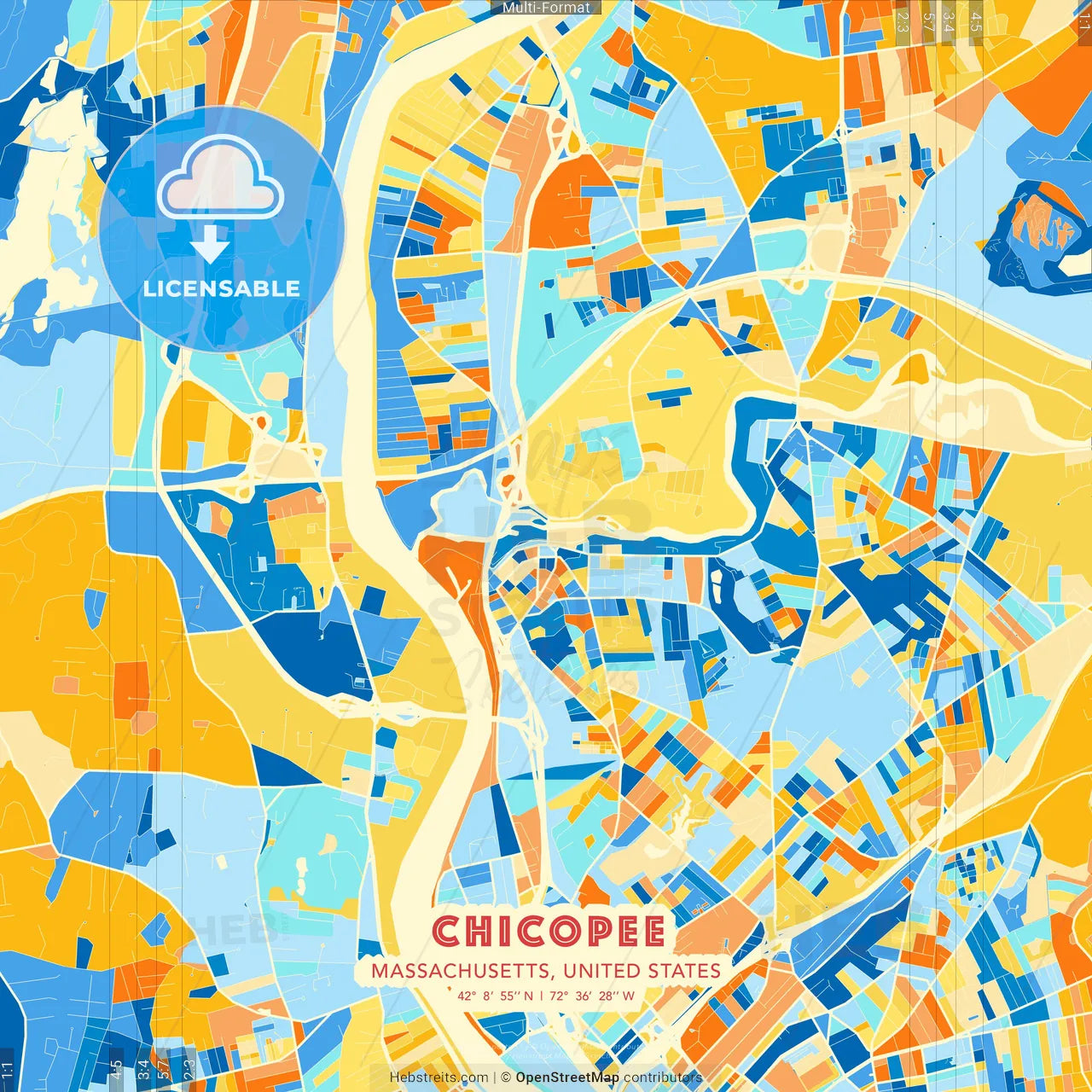 Chicopee, Massachusetts, United States blue and orange vector art map template