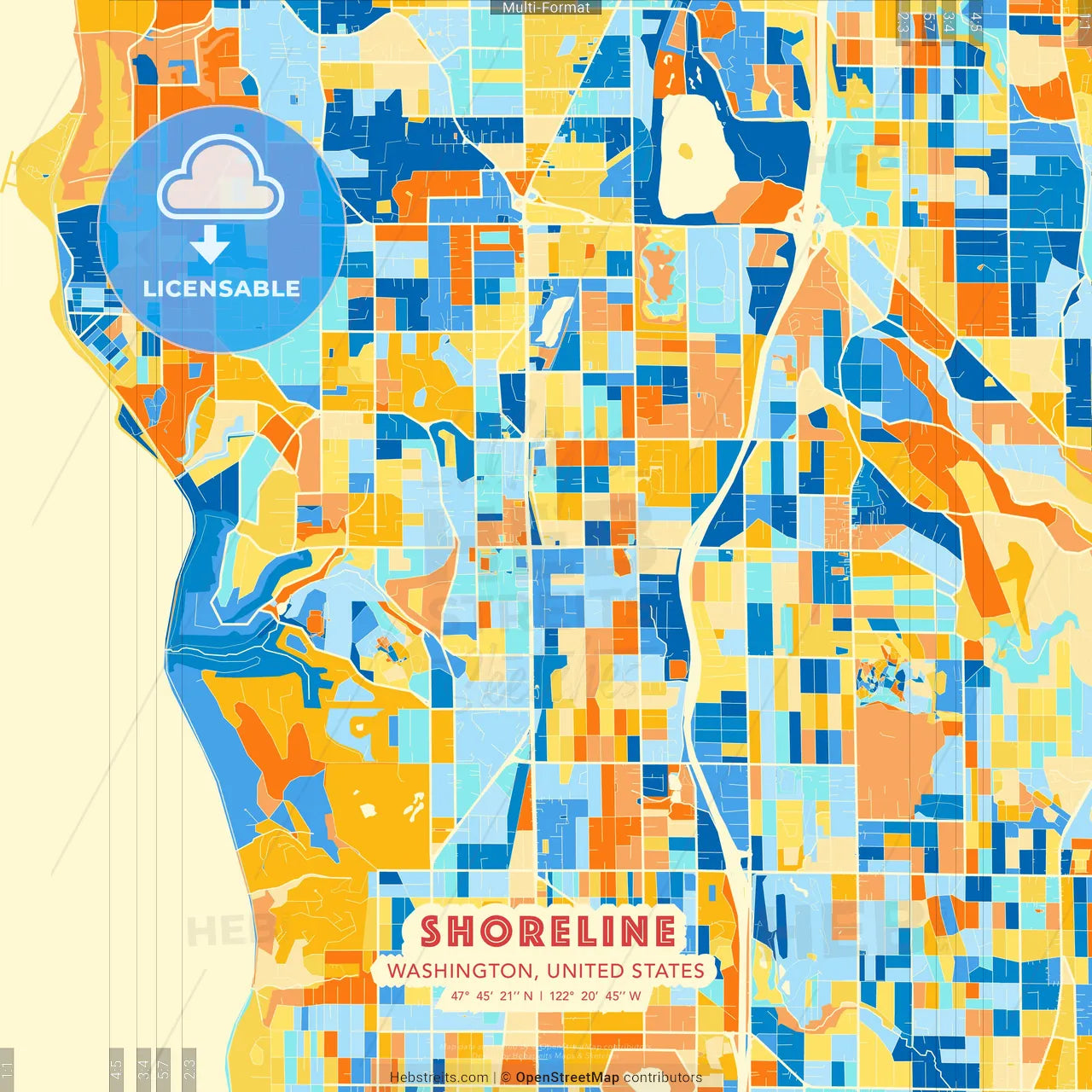 Shoreline, Washington, United States blue and orange vector art map template