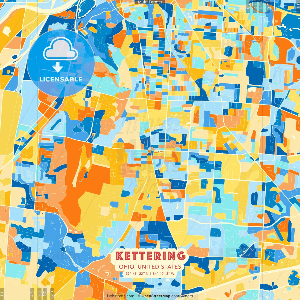 Kettering, Ohio, United States blue and orange vector art map template