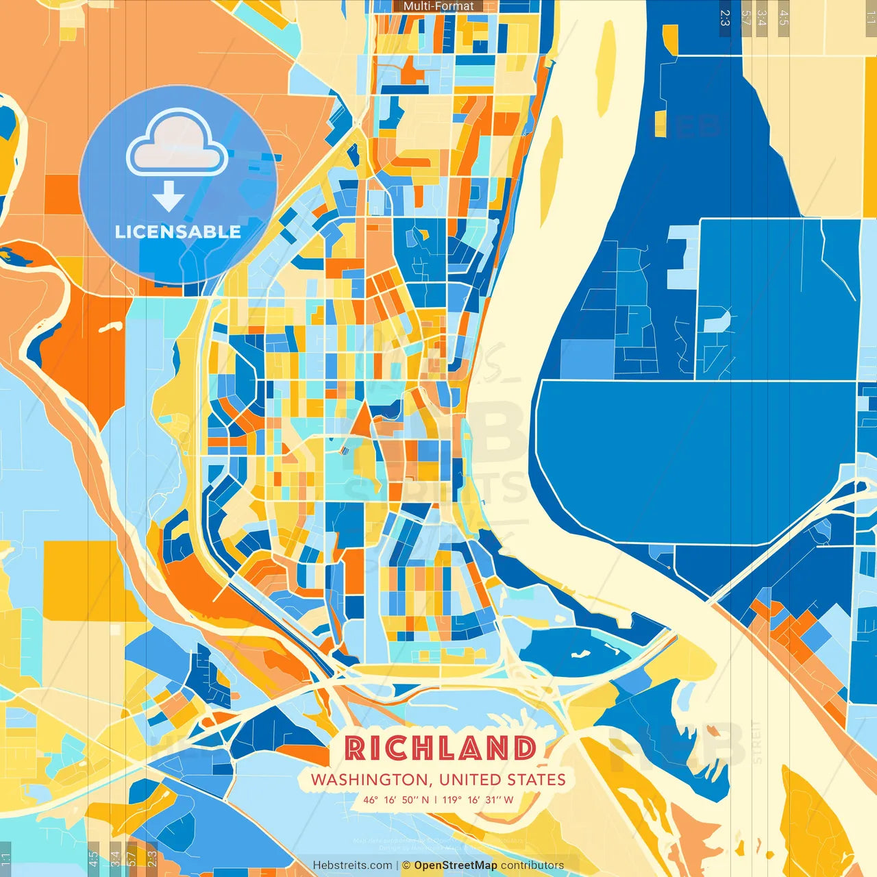 Richland, Washington, United States blue and orange vector art map template