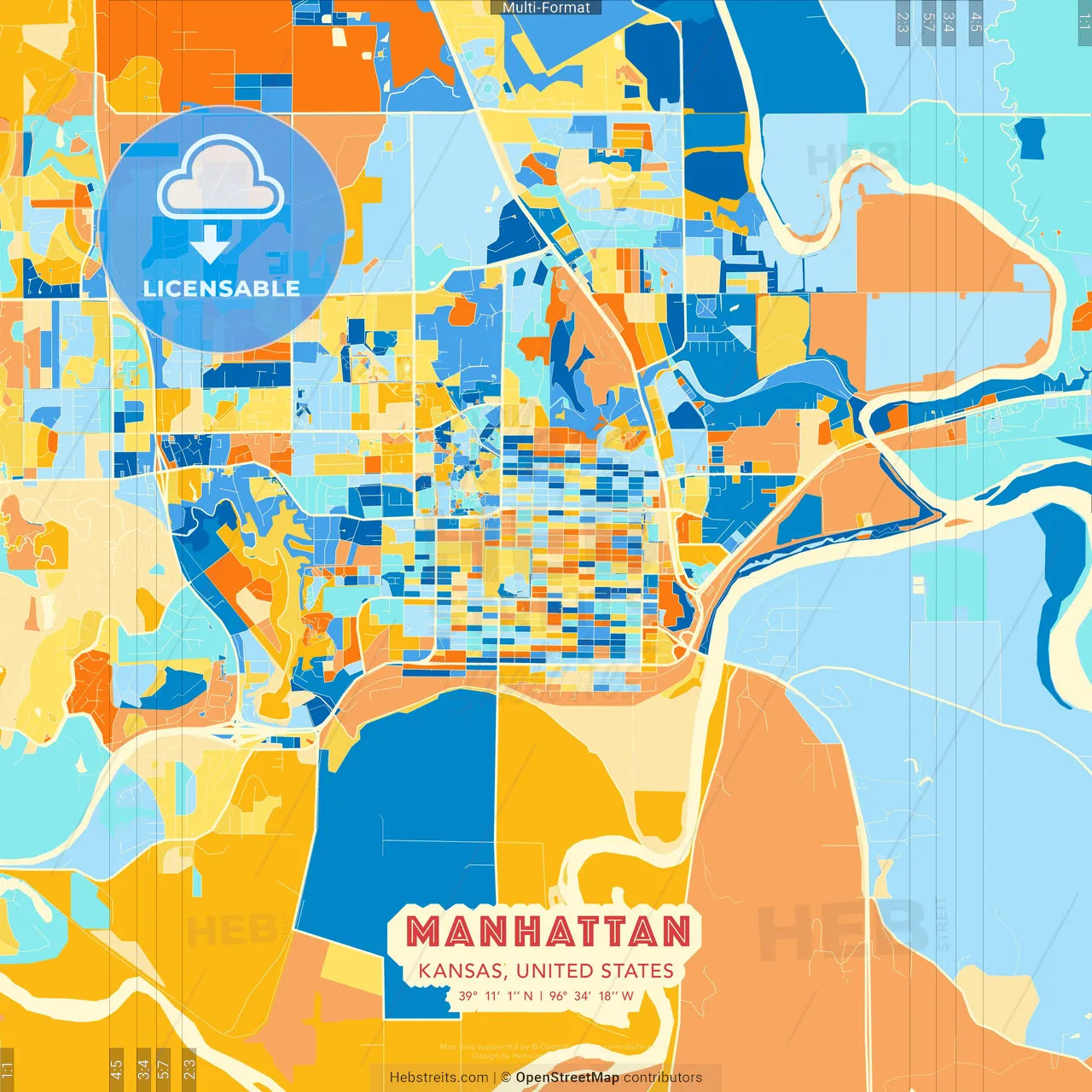 Manhattan, Kansas, United States blue and orange vector art map template