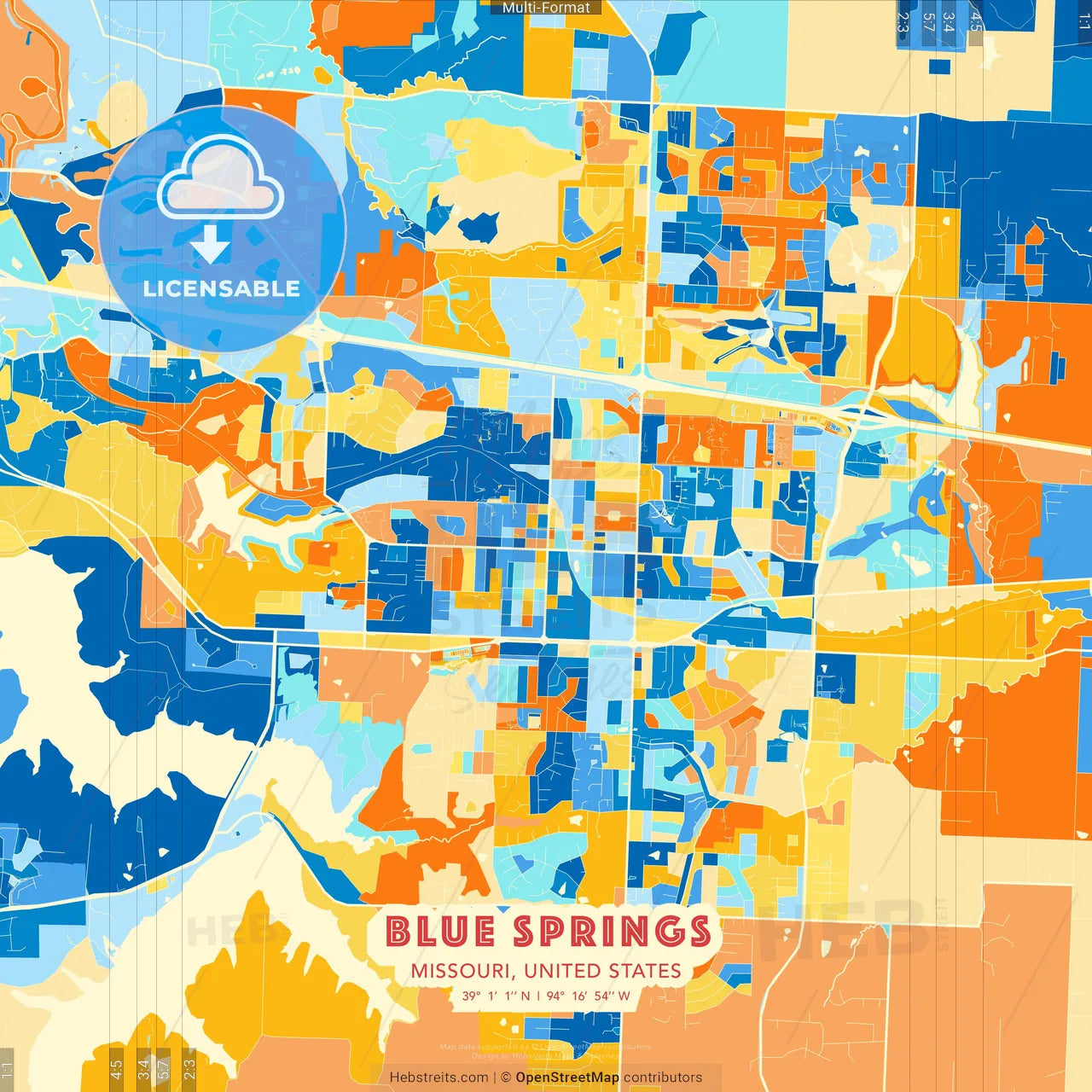 Blue Springs, Missouri, United States blue and orange vector art map template