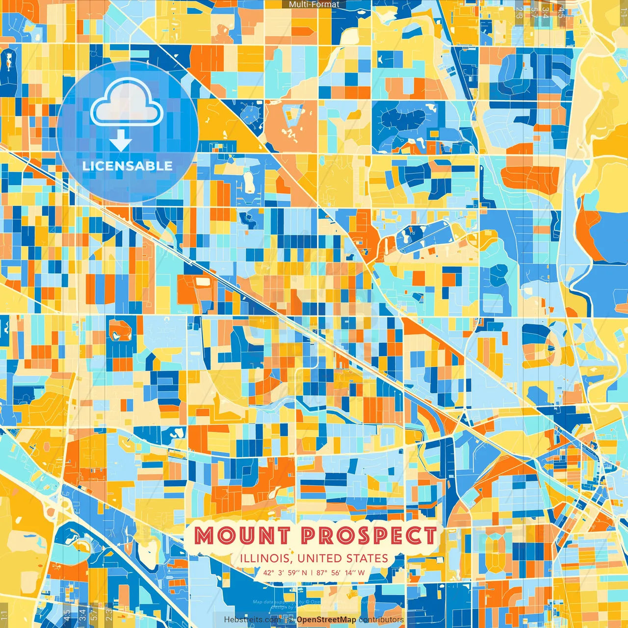Mount Prospect, Illinois, United States blue and orange vector art map template