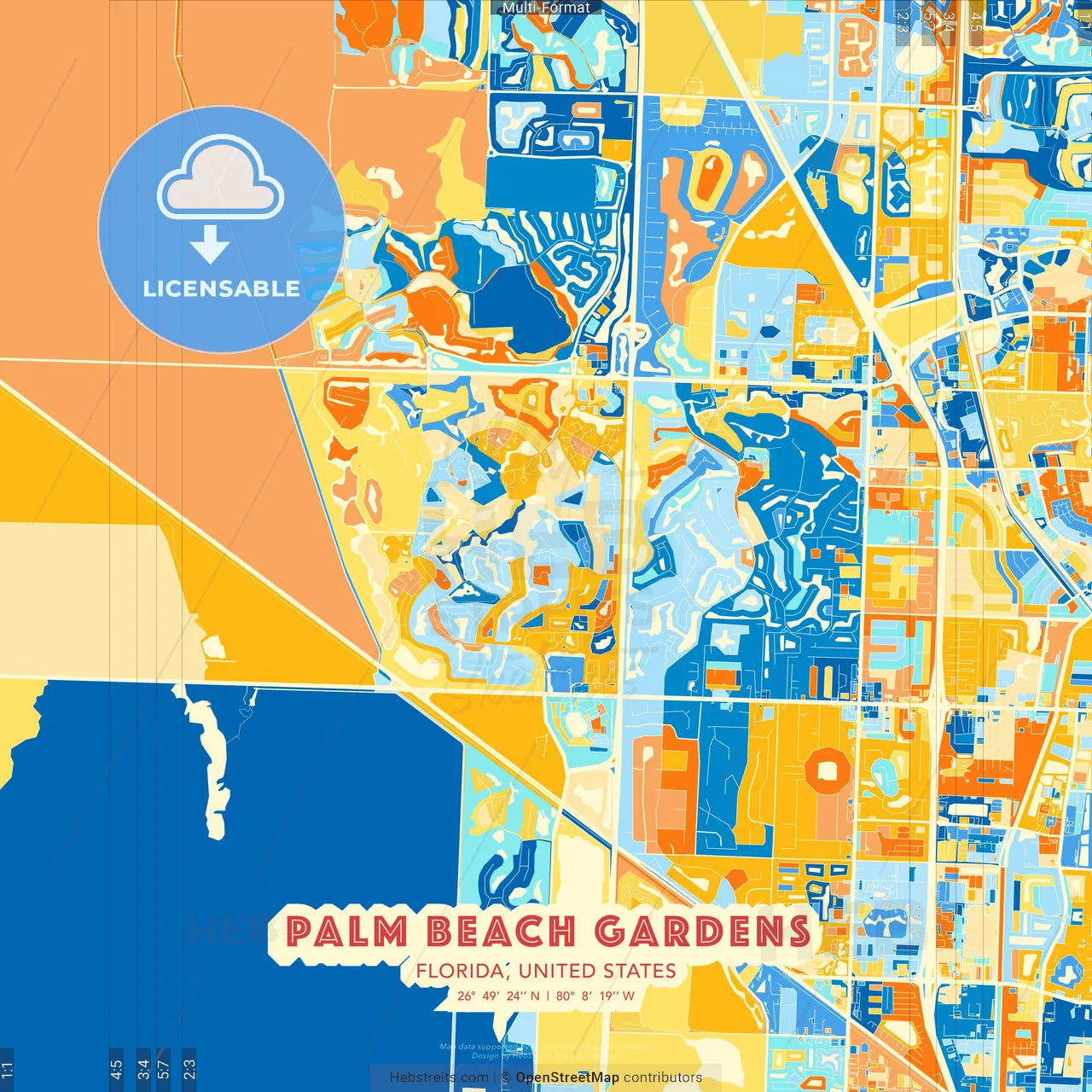 Palm Beach Gardens, Florida, United States blue and orange vector art map template