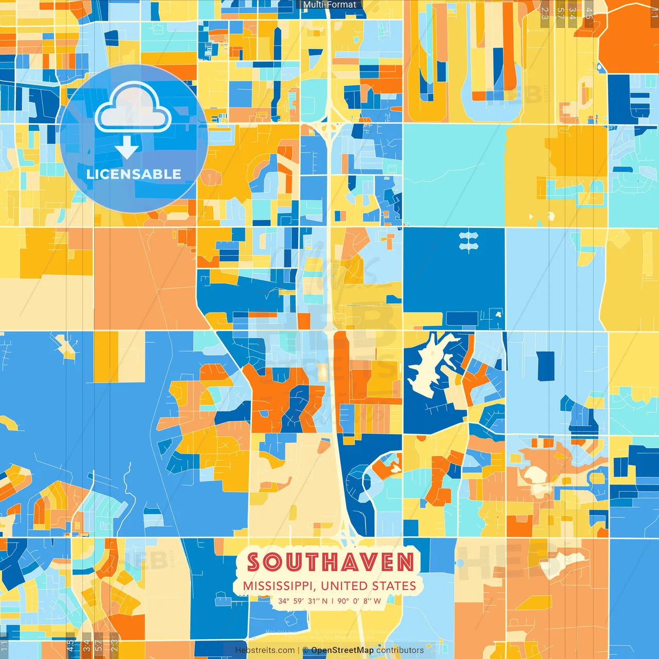 Southaven, Mississippi, United States blue and orange vector art map template