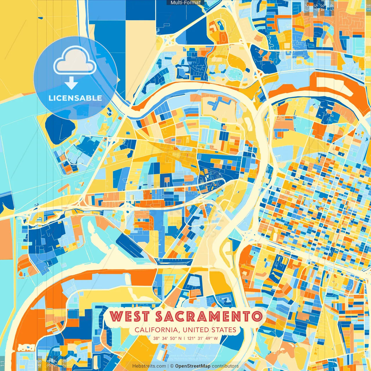 West Sacramento, California, United States blue and orange vector art map template