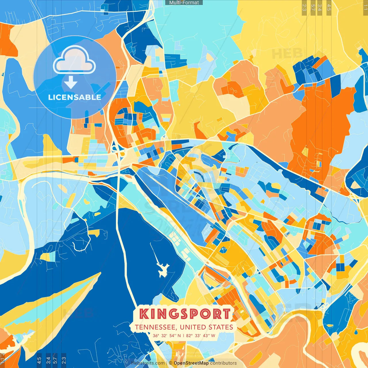 Kingsport, Tennessee, United States blue and orange vector art map template