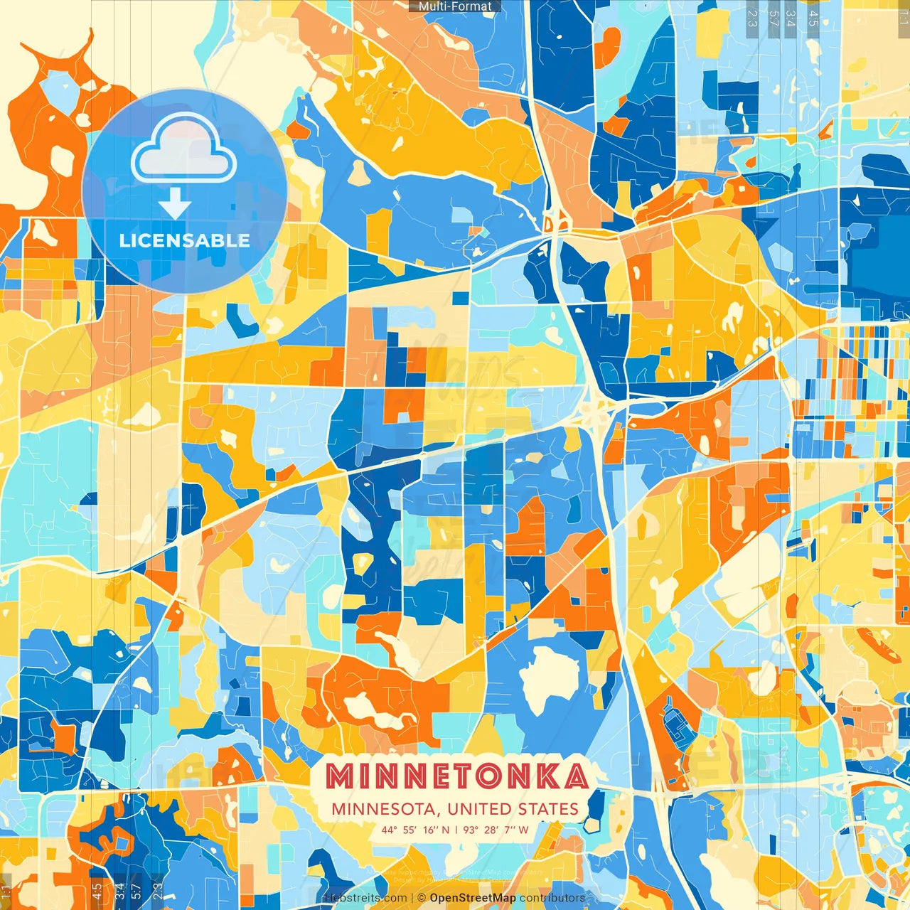 Minnetonka, Minnesota, United States blue and orange vector art map template