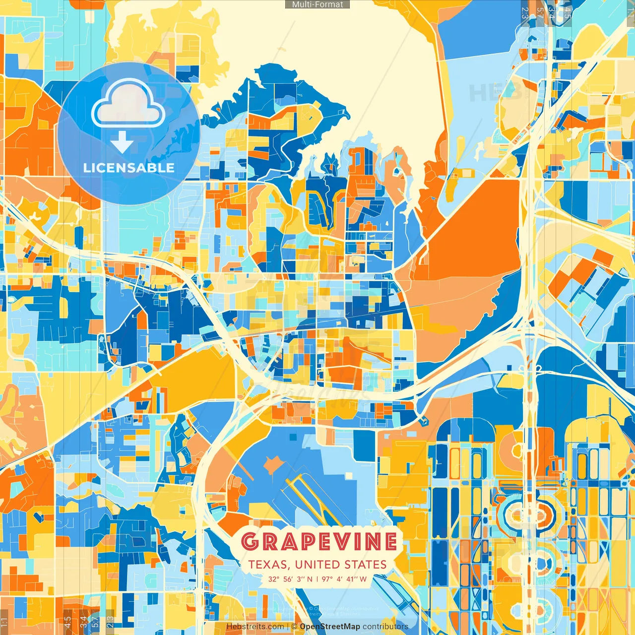 Grapevine, Texas, United States blue and orange vector art map template