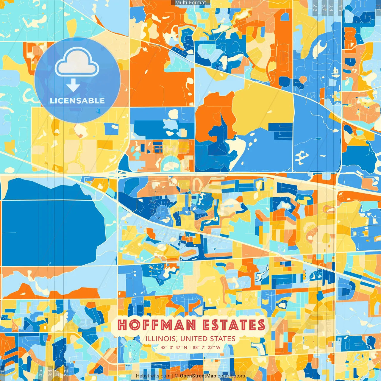 Hoffman Estates, Illinois, United States blue and orange vector art map template